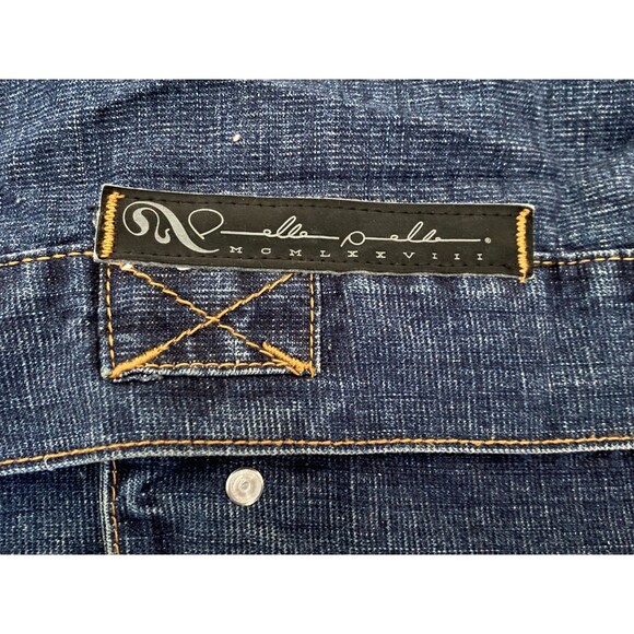 Vtg PELLE PELLE Denim Shirt Jacket Men's 4XL Dark Wash Fade Button Leather Trim - Picture 11 of 13